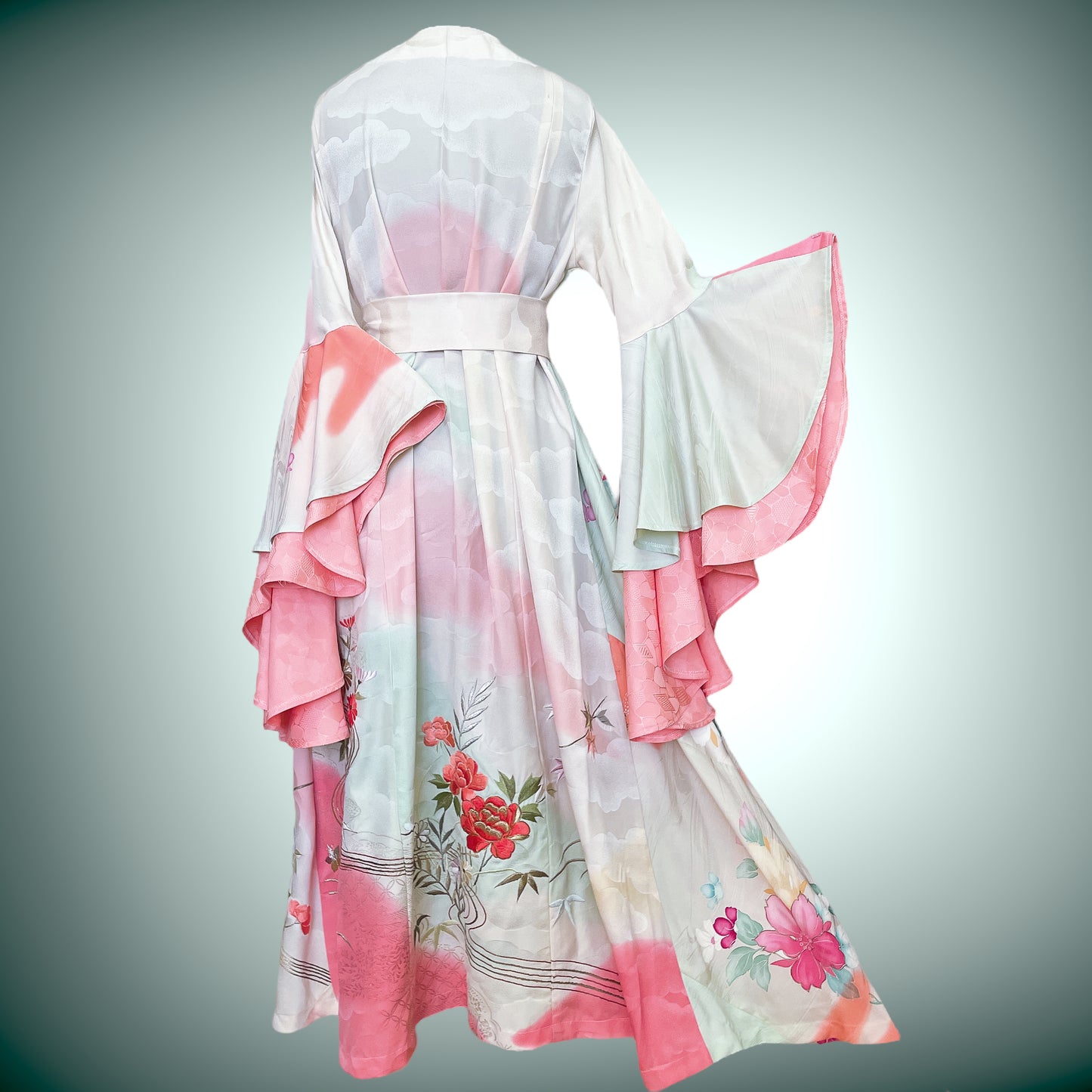 花柄優美 ドレープ袖 着物ガウン ドレスガウン 着物リメイク ピンクグリーン 花