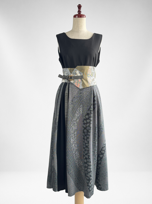 伝統工芸士 保科土山 最高級浜ちりめん アクセントカラーワンピース | 黒×グレー