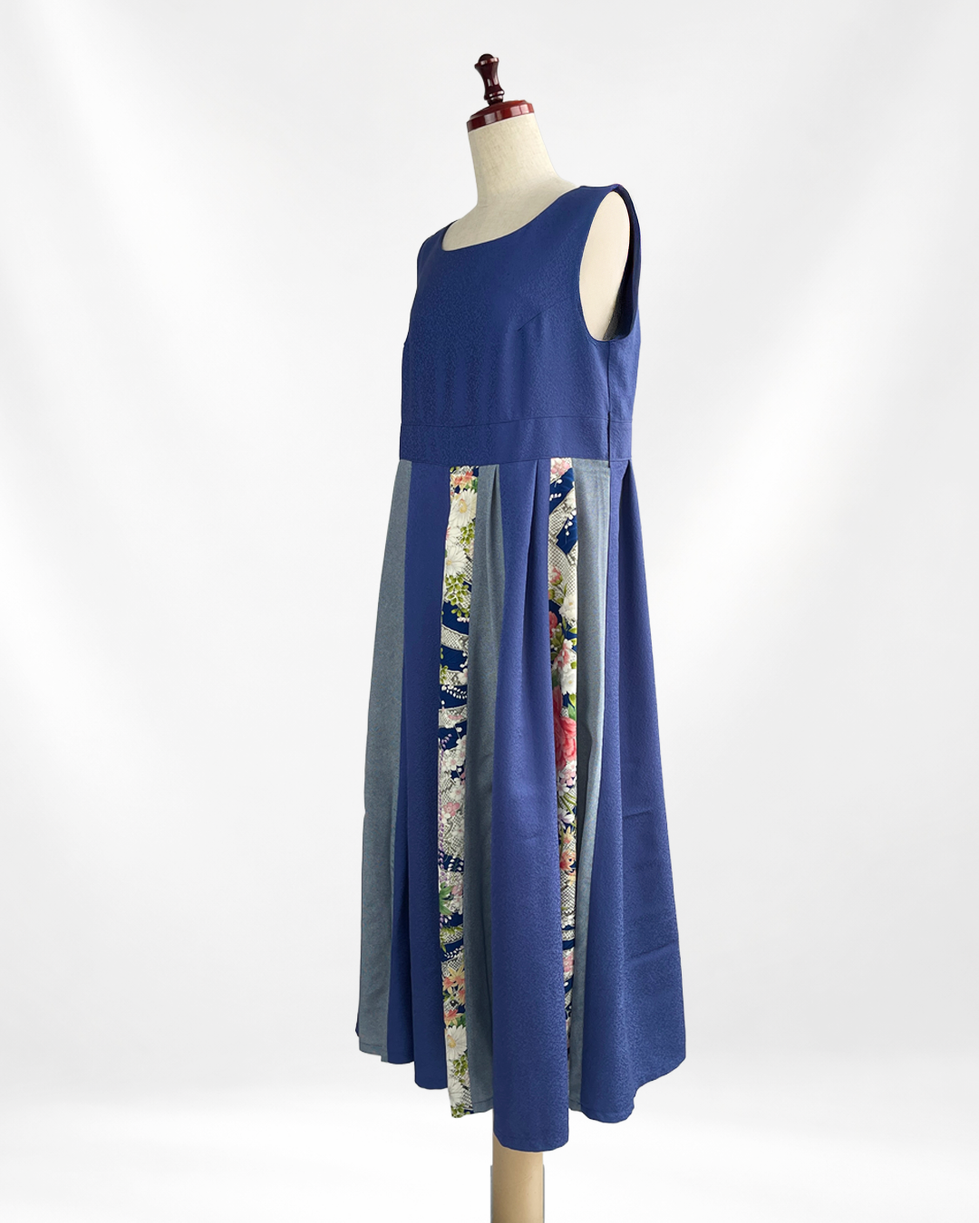 正絹 ネイビー×四季花柄 パッチワークワンピース  B80315