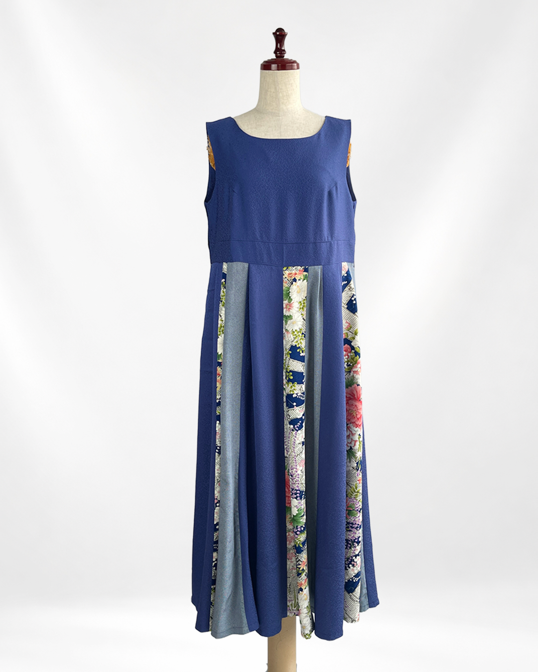 正絹 ネイビー×四季花柄 パッチワークワンピース  B80315