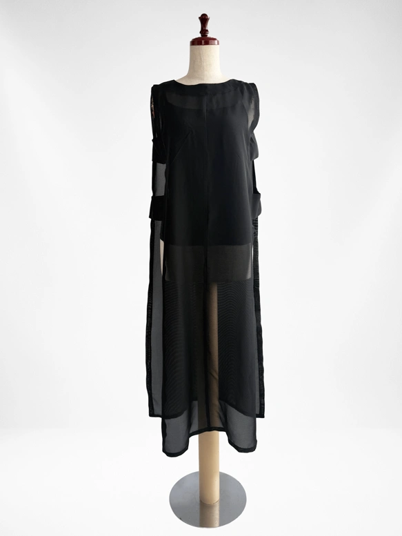 黒絽 レイヤードロングジレ ストレート シアー着物 Kimono sheer Layered Long Gilet