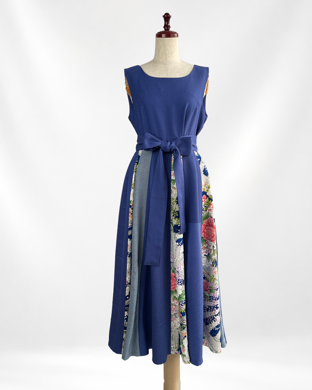 正絹 ネイビー×四季花柄 パッチワークワンピース  B80315