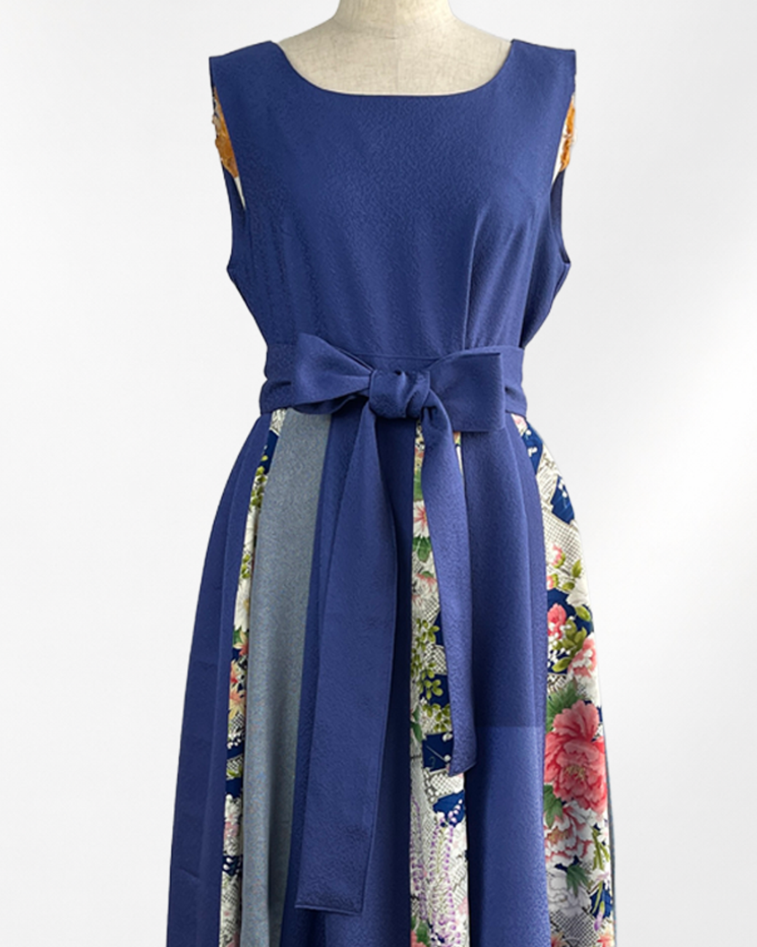 正絹 ネイビー×四季花柄 パッチワークワンピース  B80315