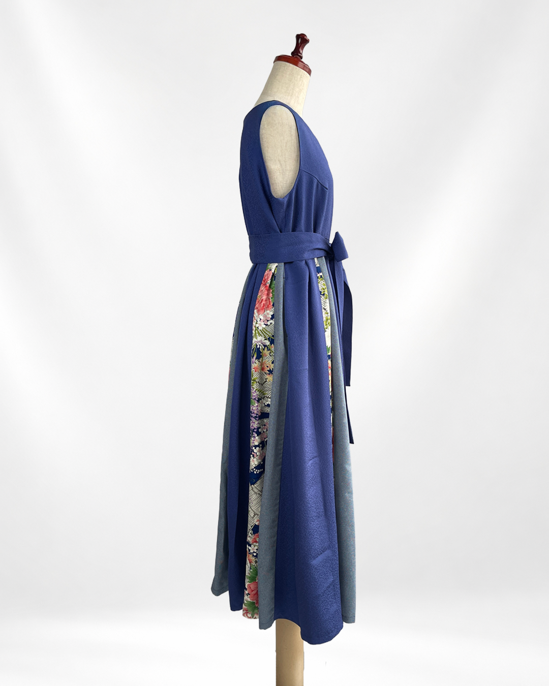 正絹 ネイビー×四季花柄 パッチワークワンピース  B80315