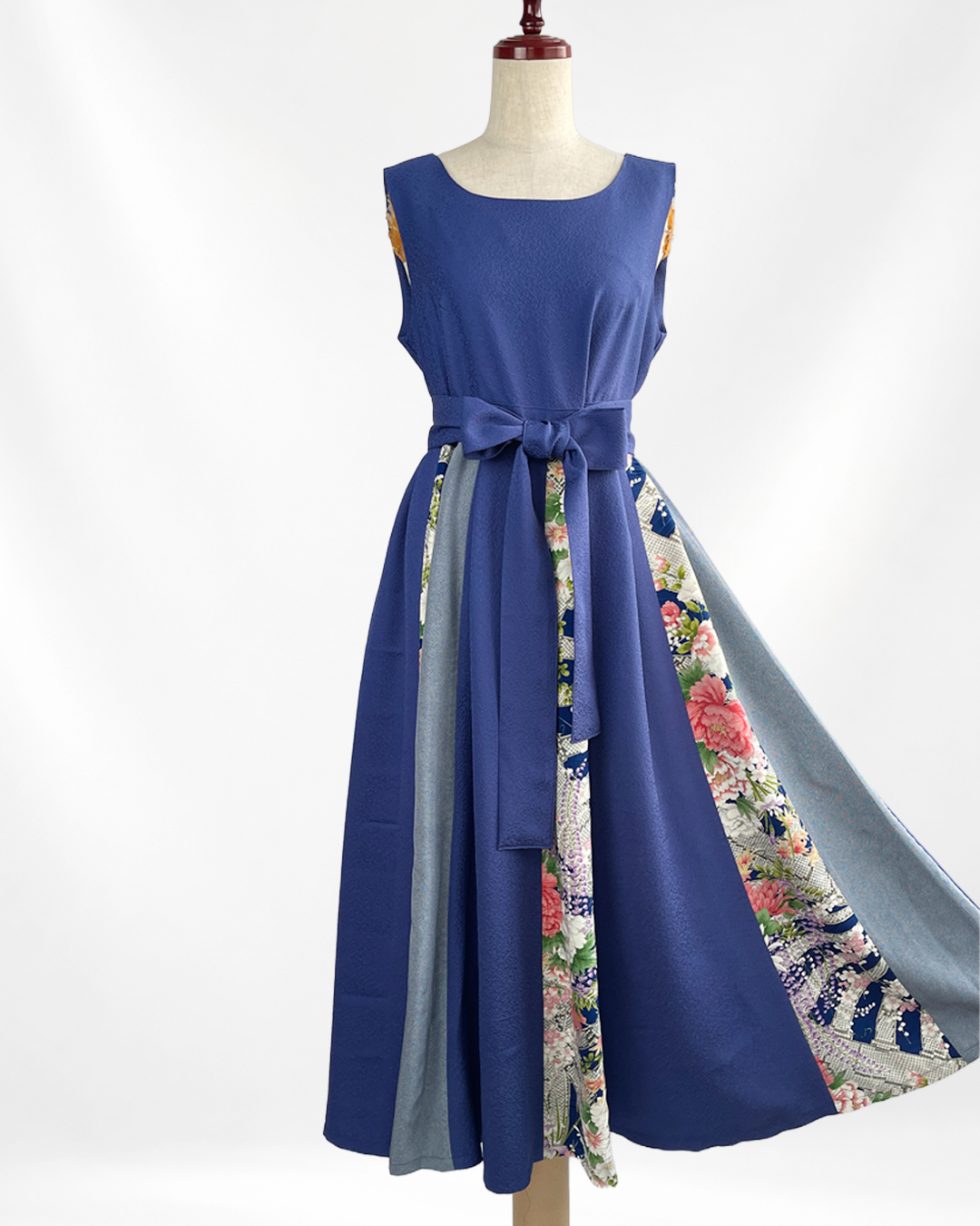 正絹 ネイビー×四季花柄 パッチワークワンピース  B80315
