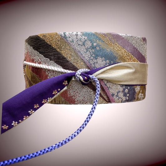 ラメ糸煌めく キラキラ刺繍帯 リバーシブル サッシュベルト ウエスト 65〜95cm  着物リメイクJ70905