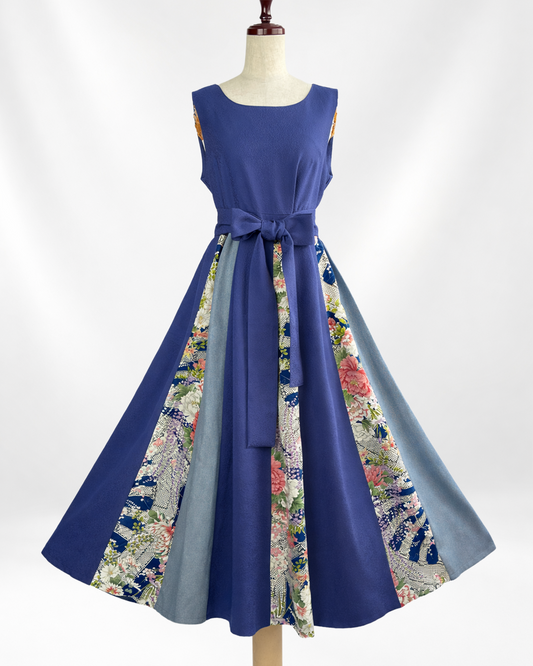 正絹 ネイビー×四季花柄 パッチワークワンピース  B80315