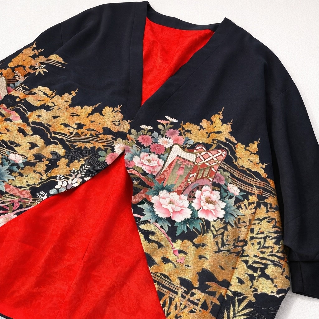 御所車と大輪牡丹吉祥文様 / オープンフロントドルマンカーディガン