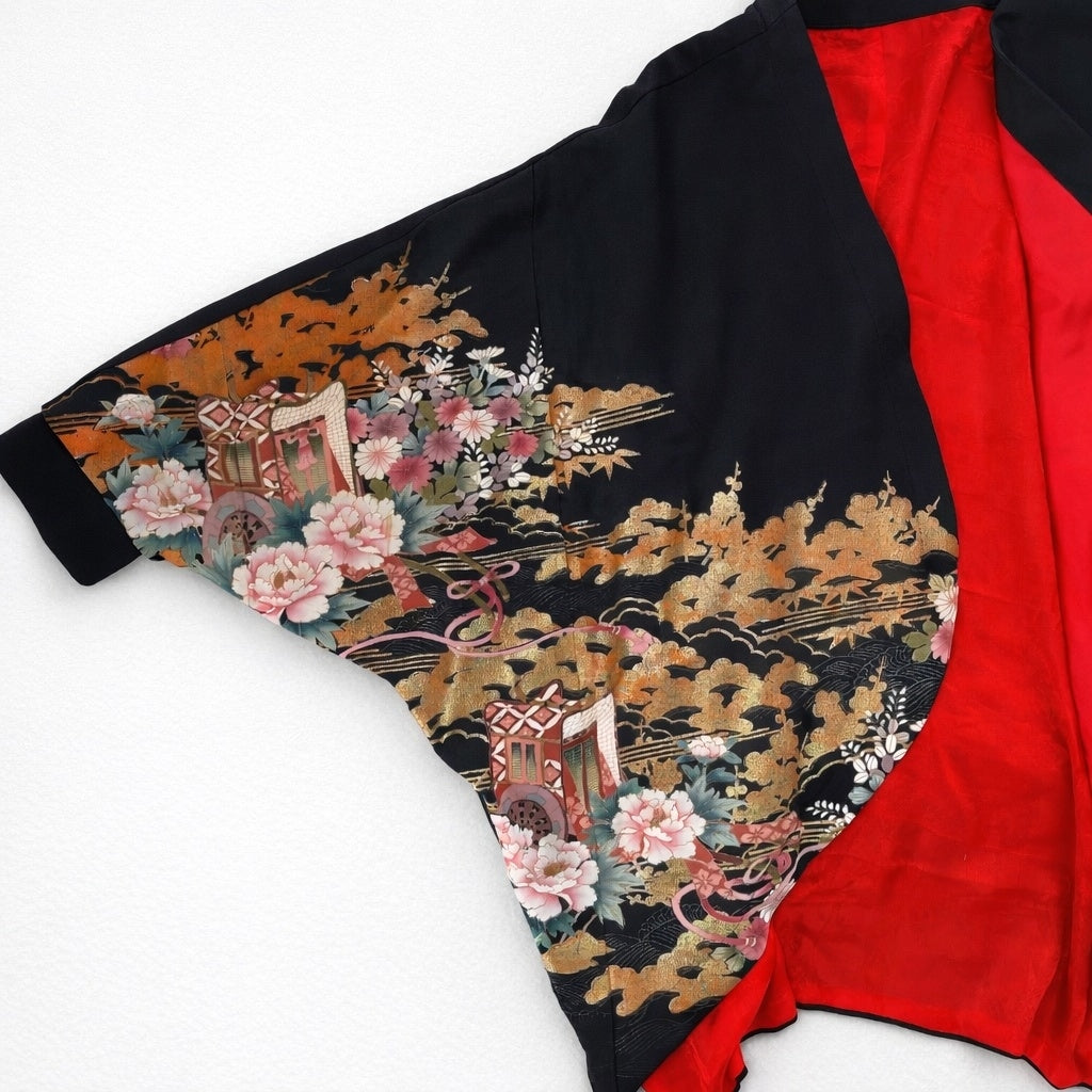 御所車と大輪牡丹吉祥文様 / オープンフロントドルマンカーディガン