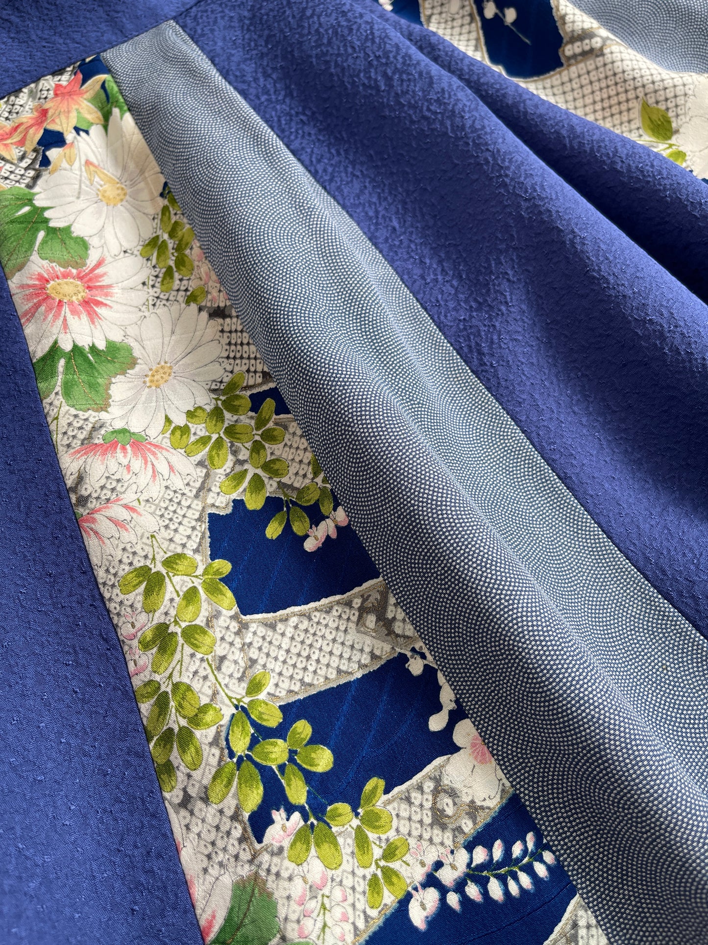 正絹 ネイビー×四季花柄 パッチワークワンピース  B80315