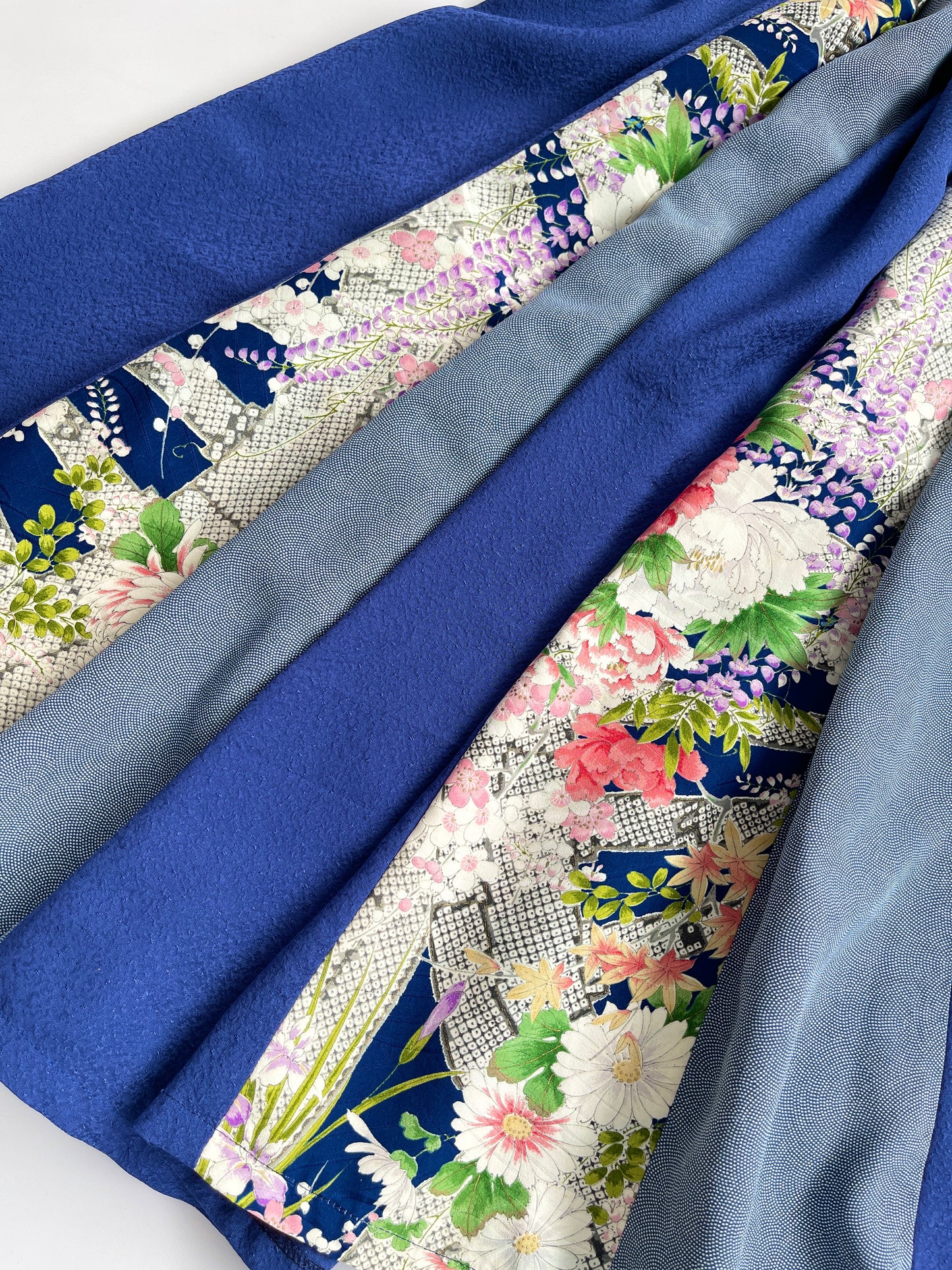 正絹 ネイビー×四季花柄 パッチワークワンピース  B80315