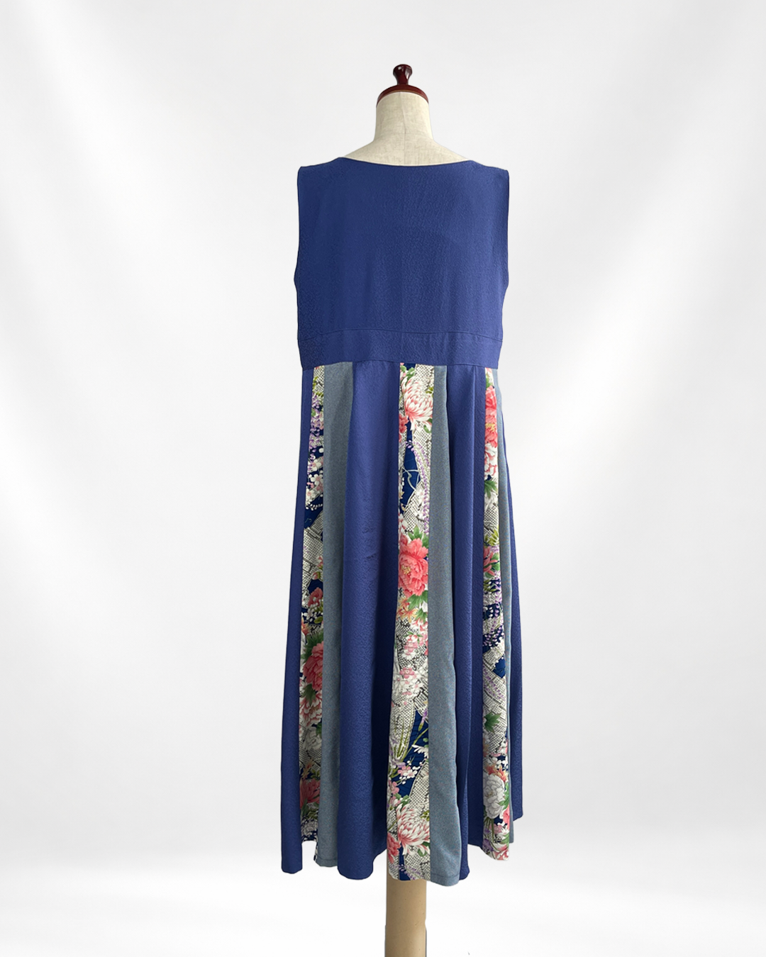 正絹 ネイビー×四季花柄 パッチワークワンピース  B80315