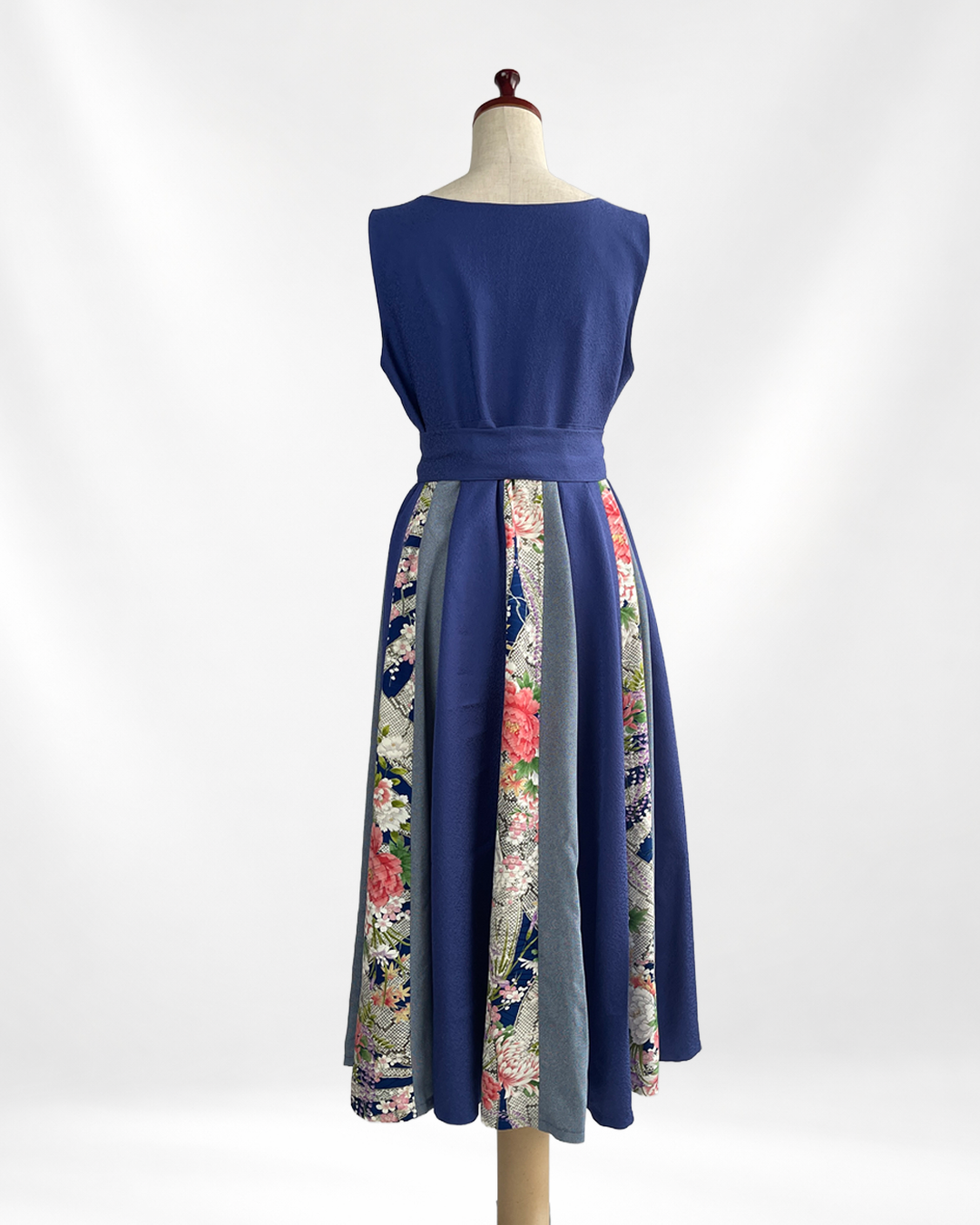 正絹 ネイビー×四季花柄 パッチワークワンピース  B80315
