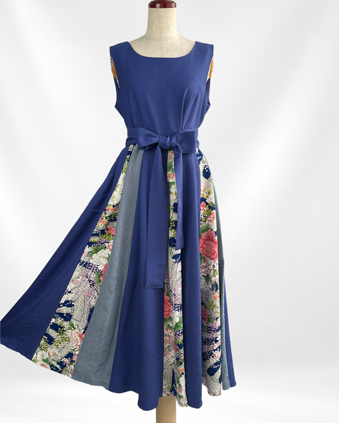 正絹 ネイビー×四季花柄 パッチワークワンピース  B80315