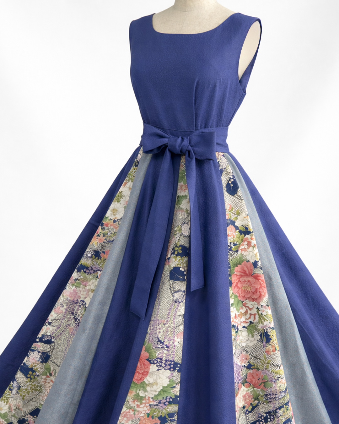 正絹 ネイビー×四季花柄 パッチワークワンピース  B80315