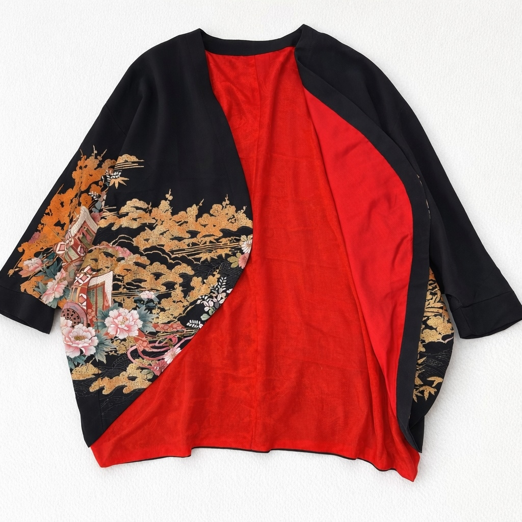 御所車と大輪牡丹吉祥文様 / オープンフロントドルマンカーディガン