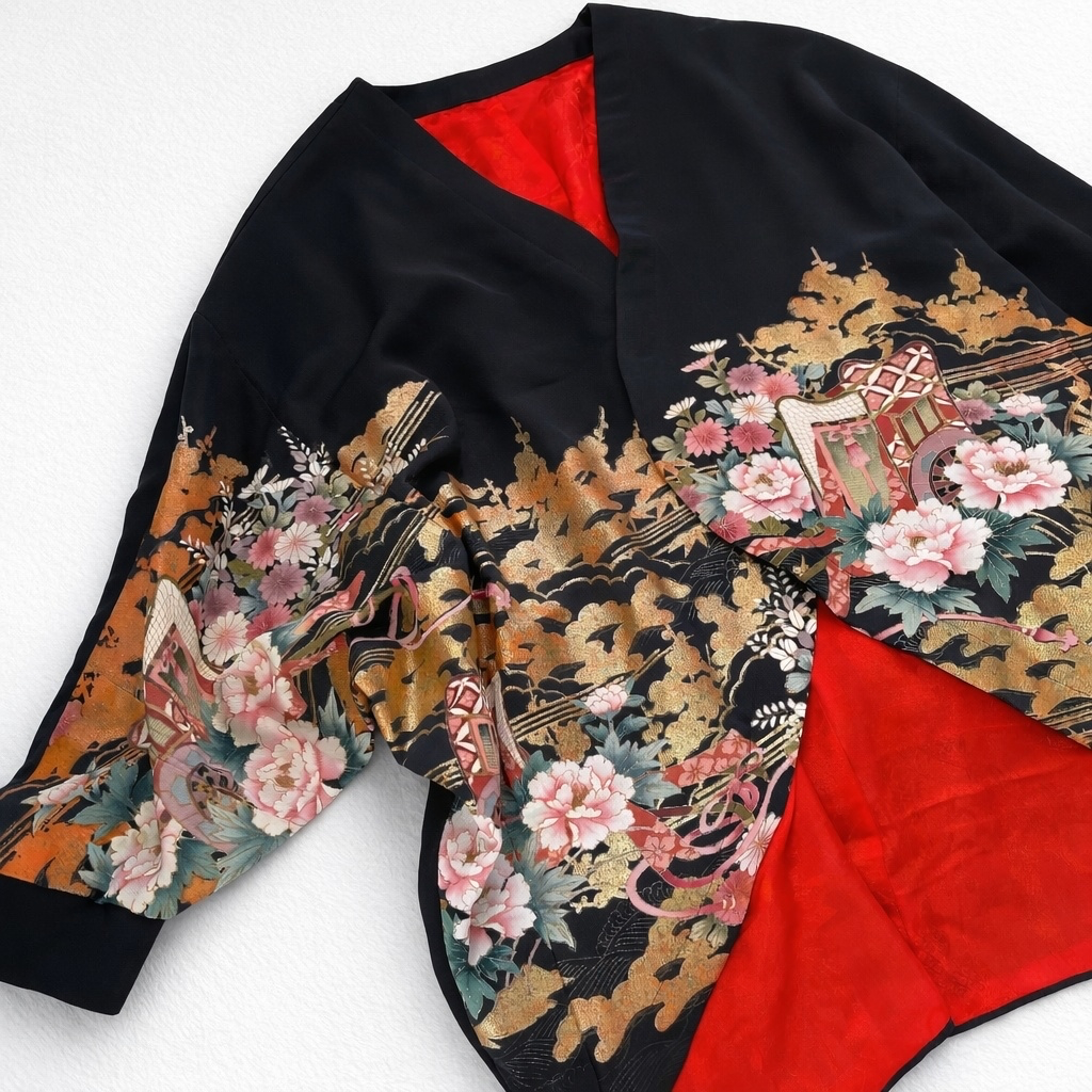 御所車と大輪牡丹吉祥文様 / オープンフロントドルマンカーディガン