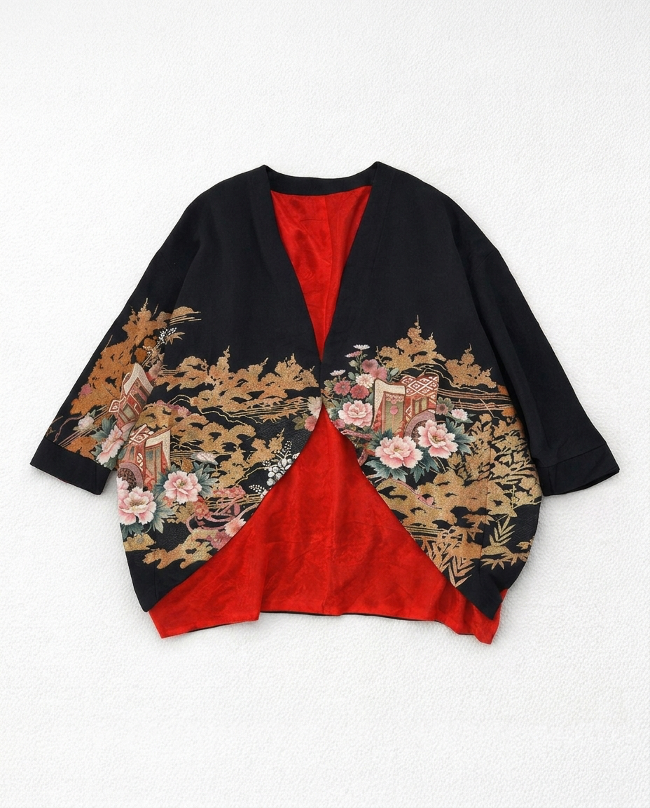 御所車と大輪牡丹吉祥文様 / オープンフロントドルマンカーディガン