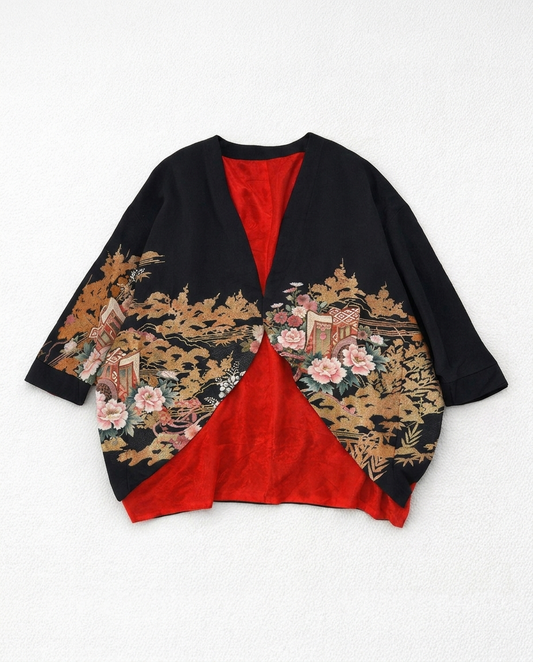 御所車と大輪牡丹吉祥文様 / オープンフロントドルマンカーディガン
