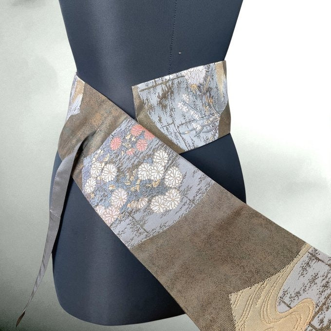 高級帯 菊花刺繍 サッシュベルトW61〜108cm  帯着物  J80204